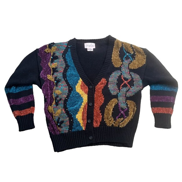 Jocelyn Smith Women's Sweater Cardigan Small Black Ugly Sweater 80's 90 VTG - Picture 1 of 6